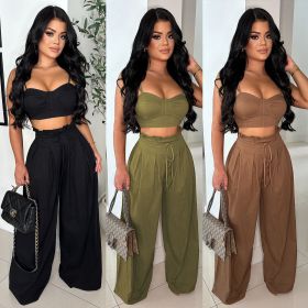 Waist Strap Vest Set Solid Color Wide Leg Strap Non Elastic Pants Two Piece Set