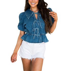 Cowboy Blue Strap Bubble Sleeve Doll Shirt