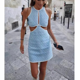 Strap Collar Backless Slim Fit Pearl Dress Long Skirt