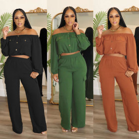 Solid Color One Shoulder Long Sleeved Top Straight Leg Wide Leg Pants Two-piece Set