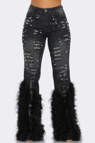 Versatile High Waisted Imitation Antique Pearl Embellished Feather Jeans
