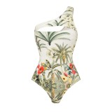 One Shoulder Hollowed Out Tropical Jungle Print One-piece Swimsuit
