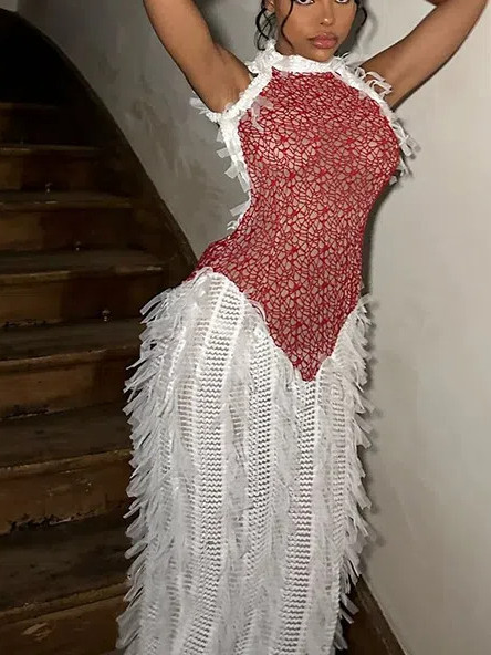 Sleeveless Patchwork Backless Tassel See Through Long Skirt