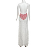 Sleeveless Patchwork Backless Tassel See Through Long Skirt