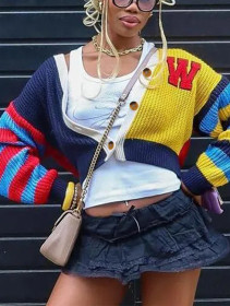 Casual Colored Letter Knitted Button Short Long Sleeved Jacket