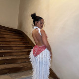 Sleeveless Patchwork Backless Tassel See Through Long Skirt