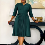 Solid Color Plus Size Fashionable Pleated Seven Quarter Sleeve Dress