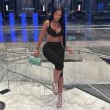 Hanging Neck Backless Lace Up Vest Solid Color Tight Two-piece Set