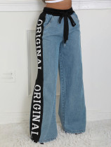 Side Letter Color Blocked Denim Women's Elastic Waist Versatile Wide Leg Jeans