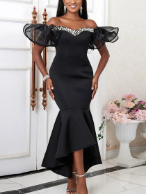 Mesh One Shoulder Fishtail Banquet Party Hot Stamping Dress