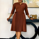 Solid Color Plus Size Fashionable Pleated Seven Quarter Sleeve Dress