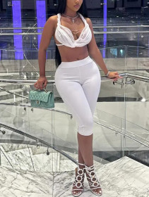 Hanging Neck Backless Lace Up Vest Solid Color Tight Two-piece Set