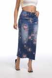 Large Print Medium Length Denim Skirt