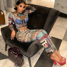 Tight Printed Crop Top Long Sleeved Pants Set