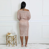 One Shoulder Long Sleeved Sequined Dress with Tie Up Evening Gown