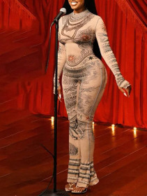 Printed Sexy Mesh See Through Tight Jumpsuit