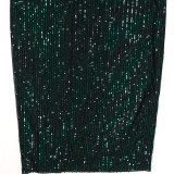 One Shoulder Long Sleeved Sequined Dress with Tie Up Evening Gown