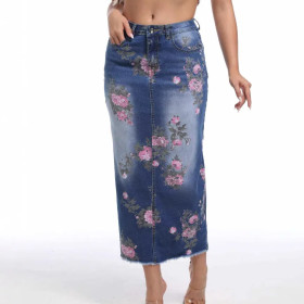 Large Print Medium Length Denim Skirt