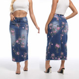 Large Print Medium Length Denim Skirt