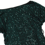 One Shoulder Long Sleeved Sequined Dress with Tie Up Evening Gown