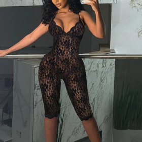Deep V-lace See Through Sleeveless High Waisted Slim Fit Jumpsuit
