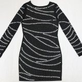 Round Neck Long Sleeved Rhinestone Wrapped Party Dress Fashionable Backless Short Skirt