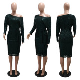 One Shoulder Long Sleeved Sequined Dress with Tie Up Evening Gown