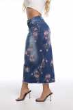 Large Print Medium Length Denim Skirt