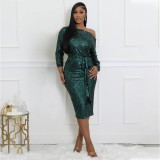 One Shoulder Long Sleeved Sequined Dress with Tie Up Evening Gown
