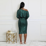 One Shoulder Long Sleeved Sequined Dress with Tie Up Evening Gown