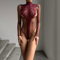 Jumpsuit with Rhinestone Hot Stamping and Hollow Out Long Sleeved Round Neck Tight Fitting Jumpsuit