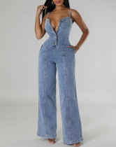 Strap Denim Jumpsuit Wide Leg Pants