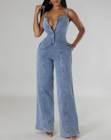 Strap Denim Jumpsuit Wide Leg Pants