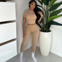 Casual Round Neck Pullover with Exposed Navel Leggings Set