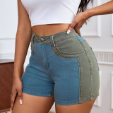 Elastic Washed Patchwork Hip Lifting Denim Shorts