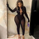 Sexy See Through Hot Stamping with Gloves Long Sleeved Jumpsuit