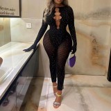 Sexy See Through Hot Stamping with Gloves Long Sleeved Jumpsuit