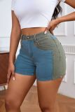 Elastic Washed Patchwork Hip Lifting Denim Shorts