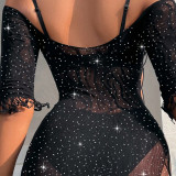 Hot Diamond Charm Full Sky Star Diamond Side Hollow One Shoulder Long Sleeve Mesh Clothes