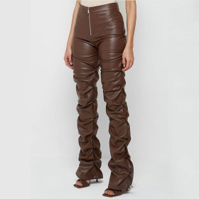 Tight Fitting PU Leather Pants with Folded Slightly Flared Cuffs