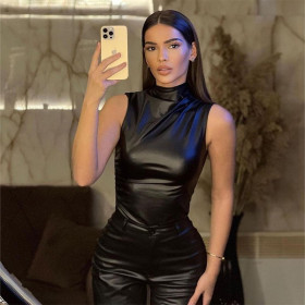Leather Pile Neck Personalized Waist Cinching Slanted Sleeveless Top