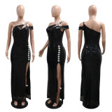Split Skirt Sleeveless Sequined Evening Gown