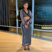 Flip Collar Deep V Long Sleeved Hip Hugging Half Skirt Sequin Two-piece Set