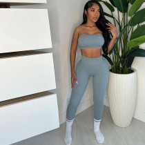 Open Navel Strapless Top High Waisted Solid Color Tight Pants Set