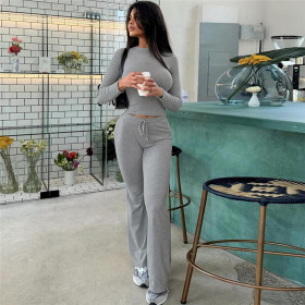 Round Neck Short Sleeved Top with High Waist and Slightly Flared Long Pants Casual Suit