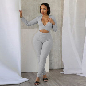 Deep V-neck Crop Top Tight Fitting Long Sleeved Solid Color Sports Jumpsuit