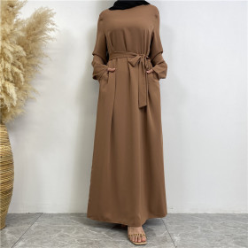Middle Eastern Neat Lace Up with Pocket Muslim Dress