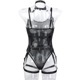 Splicing Perspective Mesh Jacket Hanging Neck Black Two-piece Jumpsuit