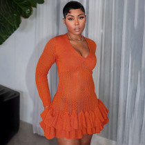 Deep V-neck Slim Fit Long Sleeved Hip Hugging Short Skirt