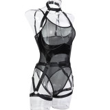 Splicing Perspective Mesh Jacket Hanging Neck Black Two-piece Jumpsuit